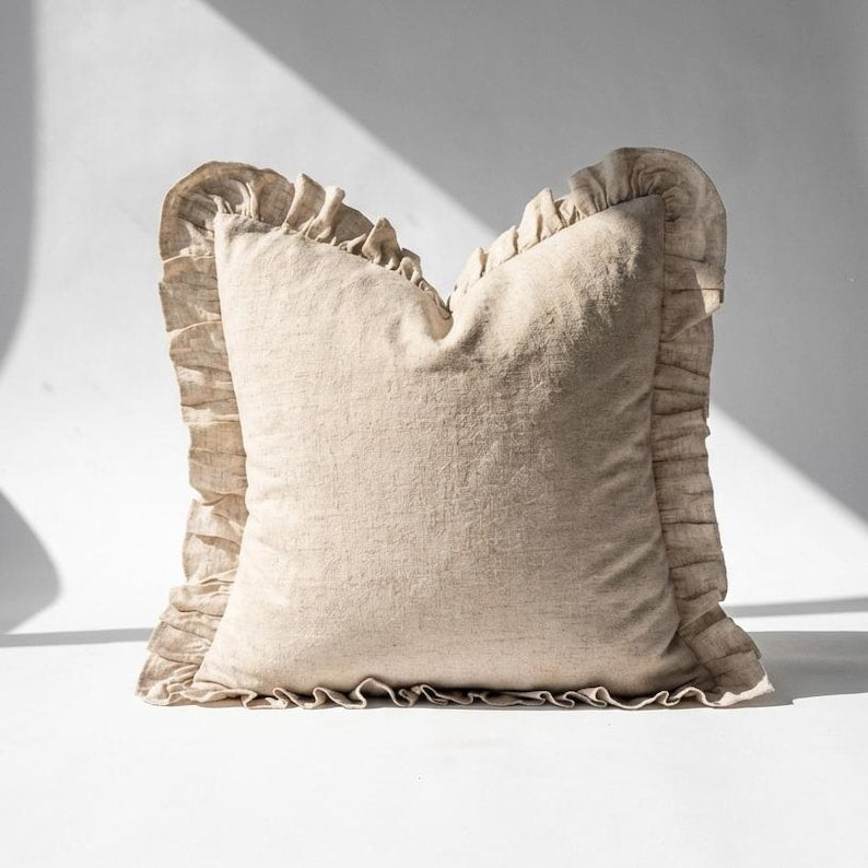 Linen Ruffle Pillow Cover, Beige Euro Sham Set of 2