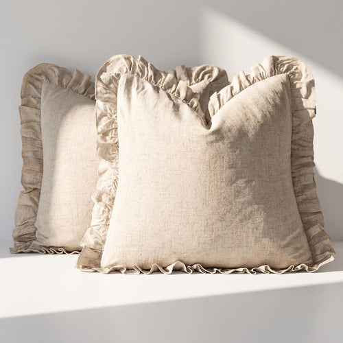 Linen Ruffle Pillow Cover, Beige Euro Sham Set of 2