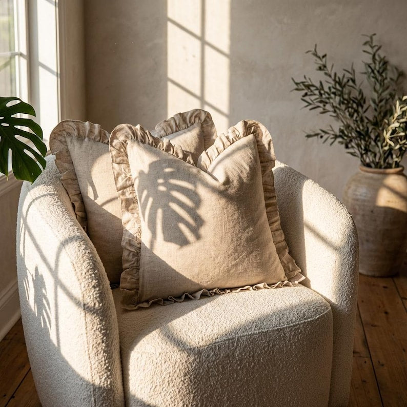 Linen Ruffle Pillow Cover, Beige Euro Sham Set of 2