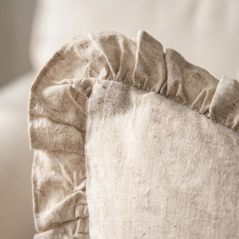 Linen Ruffle Pillow Cover, Beige Euro Sham Set of 2