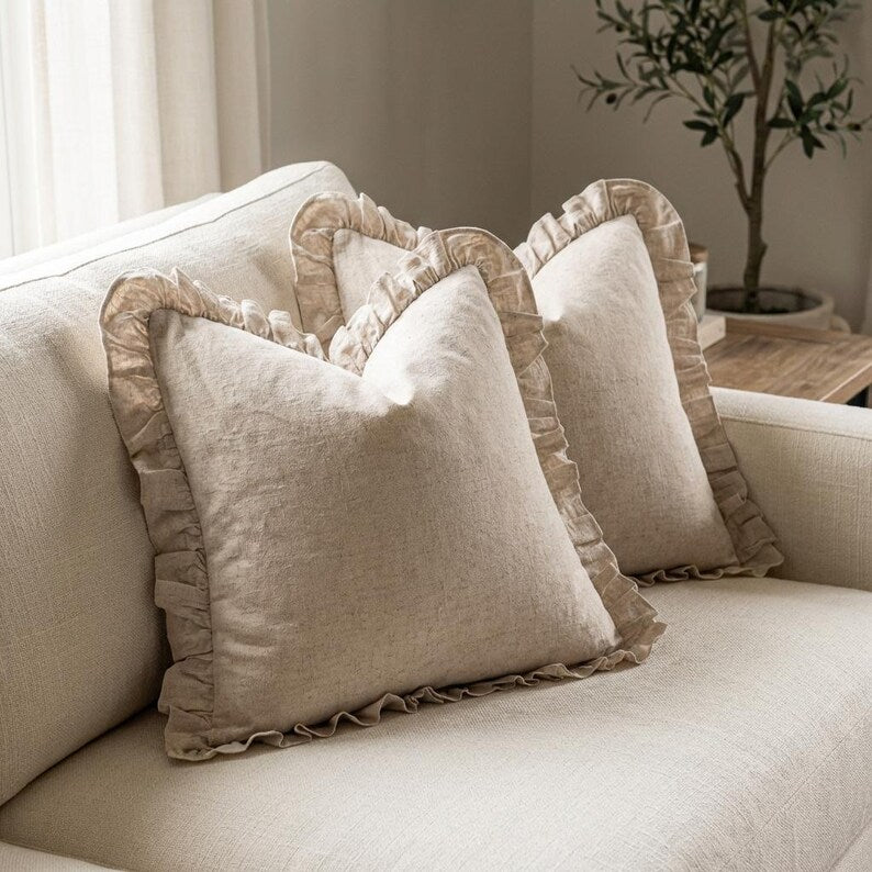 Linen Ruffle Pillow Cover, Beige Euro Sham Set of 2