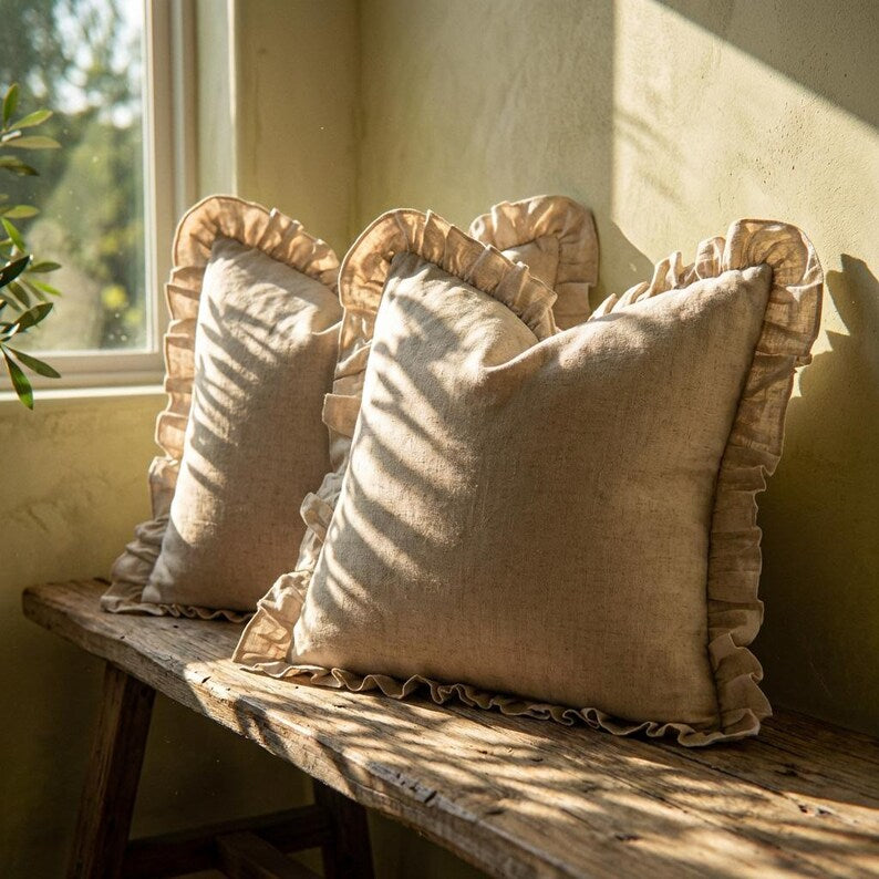 Linen Ruffle Pillow Cover, Beige Euro Sham Set of 2