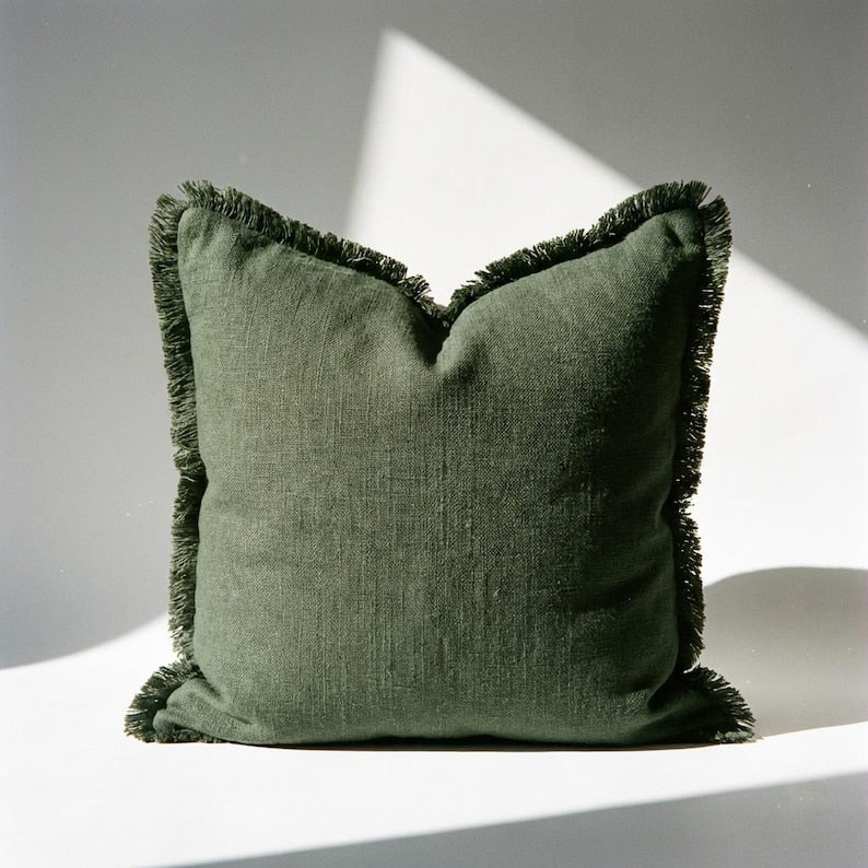 Olive Green Linen Pillow Covers, Boho Farmhouse Fringe Cushion Set of 2