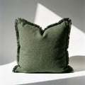 Olive Green Linen Pillow Covers, Boho Farmhouse Fringe Cushion Set of 2