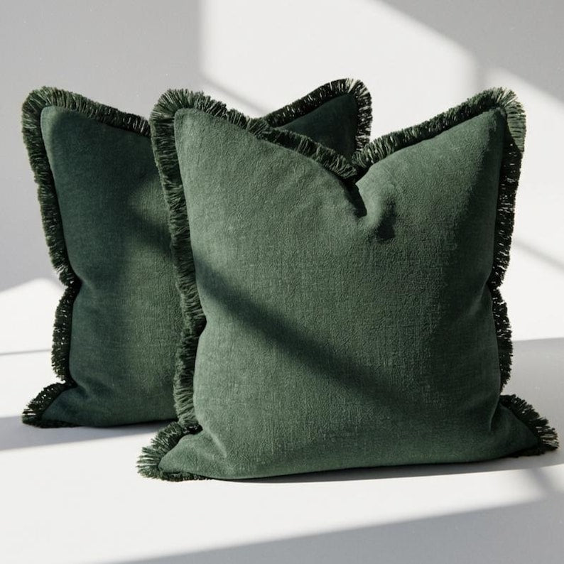 Olive Green Linen Pillow Covers, Boho Farmhouse Fringe Cushion Set of 2