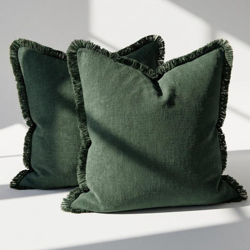 Olive Green Linen Pillow Covers, Boho Farmhouse Fringe Cushion Set of 2