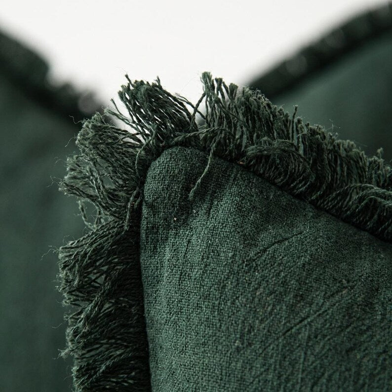 Olive Green Linen Pillow Covers, Boho Farmhouse Fringe Cushion Set of 2
