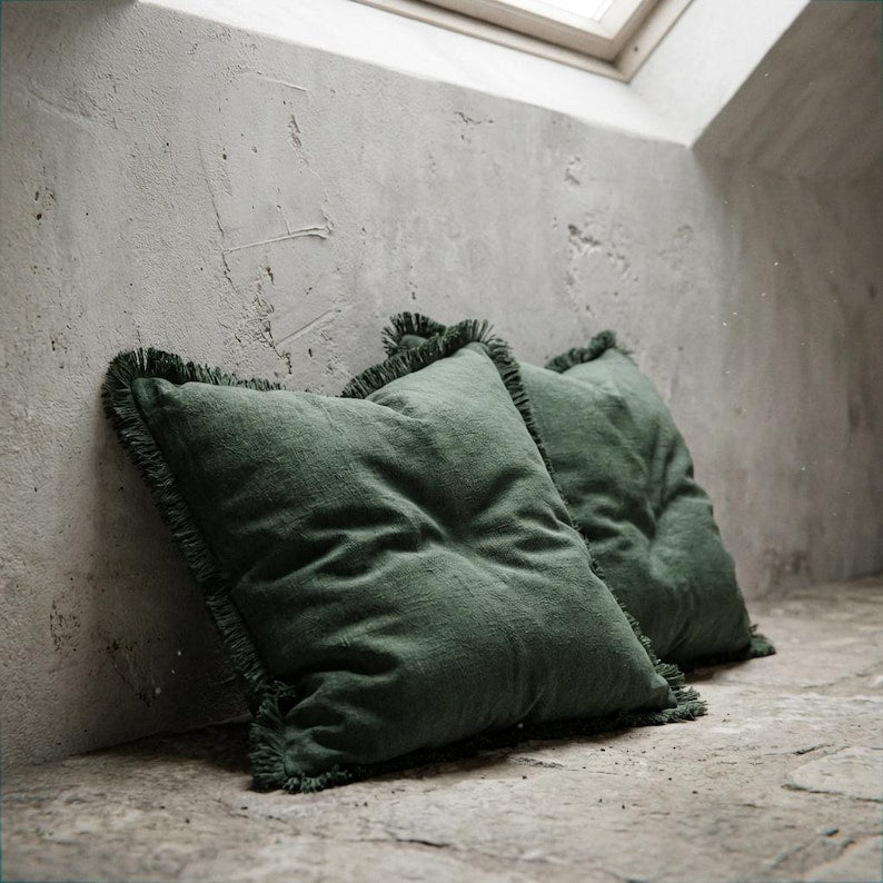 Olive Green Linen Pillow Covers, Boho Farmhouse Fringe Cushion Set of 2