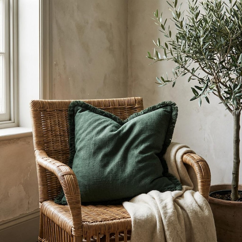 Olive Green Linen Pillow Covers, Boho Farmhouse Fringe Cushion Set of 2