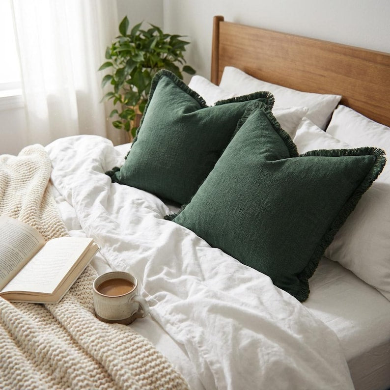 Olive Green Linen Pillow Covers, Boho Farmhouse Fringe Cushion Set of 2